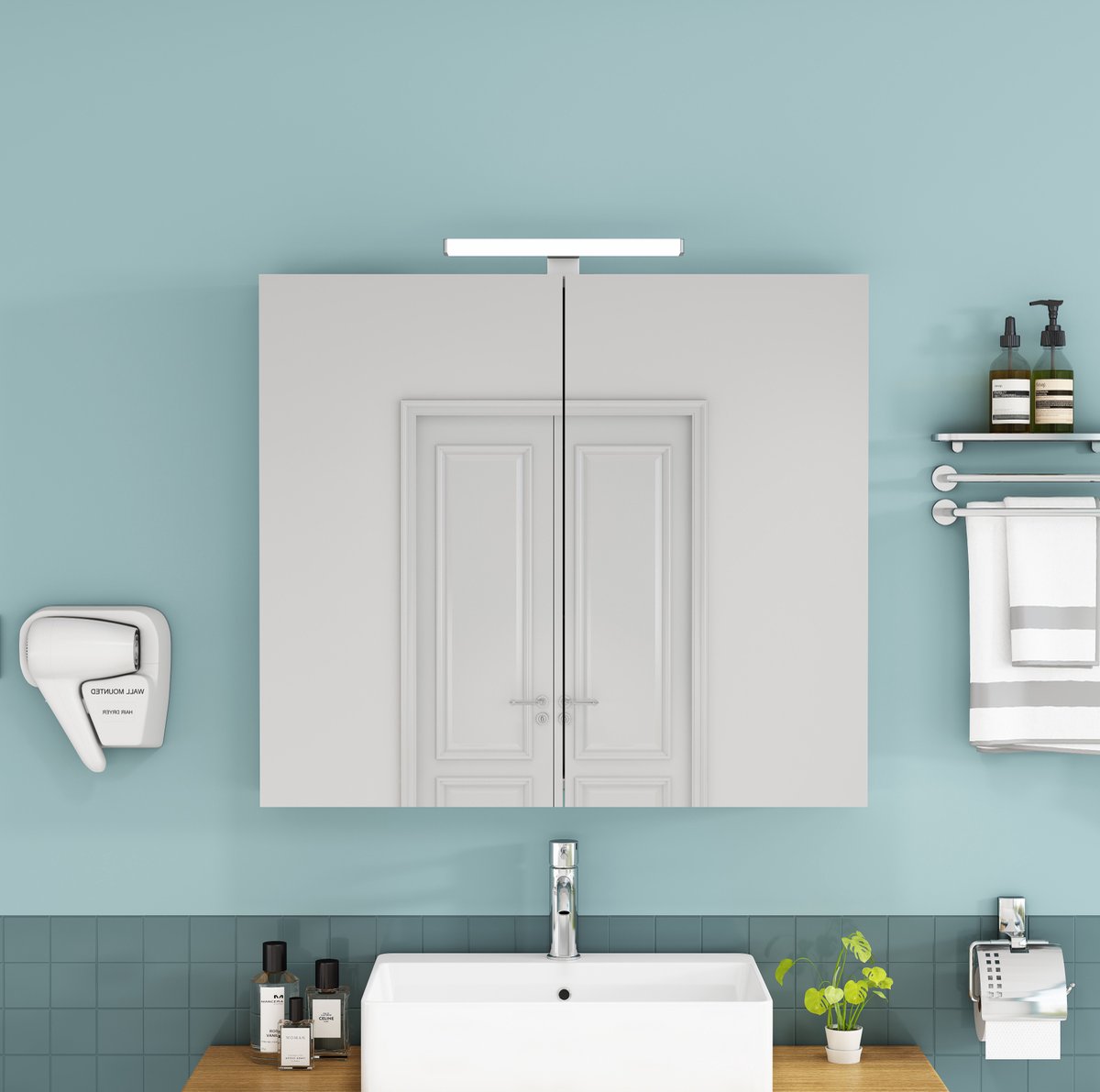Wandgemonteerde Spiegelkast - 2 Deuren Met Led Verlichting En Frans Stopcontact - Verstelbare Glazen Planken - Wit - 80 Cm