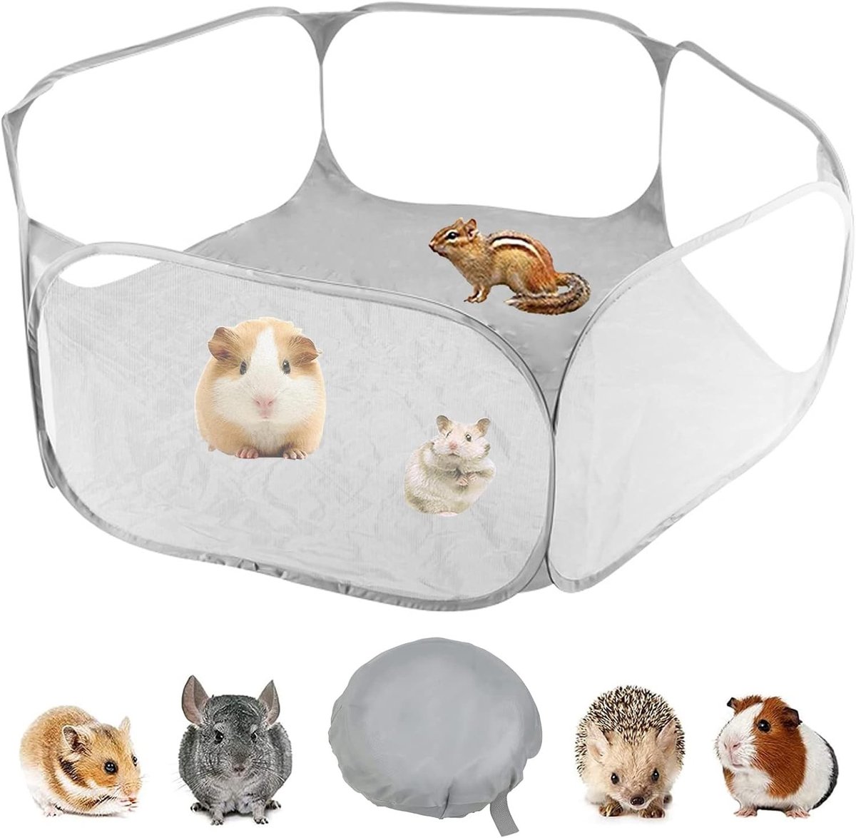 Ademend Speelpen voor Kleine Dieren - Vouwbare Kooi Tent voor Puppies, Kittens, Konijnen en Cavia's - Draagbare Speelruimte (Grijs)