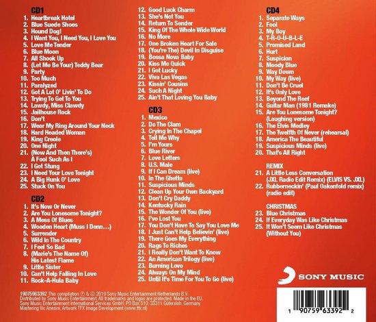 Achterkant van CD met titels: Heartbreak Hotel, Blue Suede Shoes, Hound Dog en vele anderen, verdeeld over CD1, CD2, CD3 en CD4.