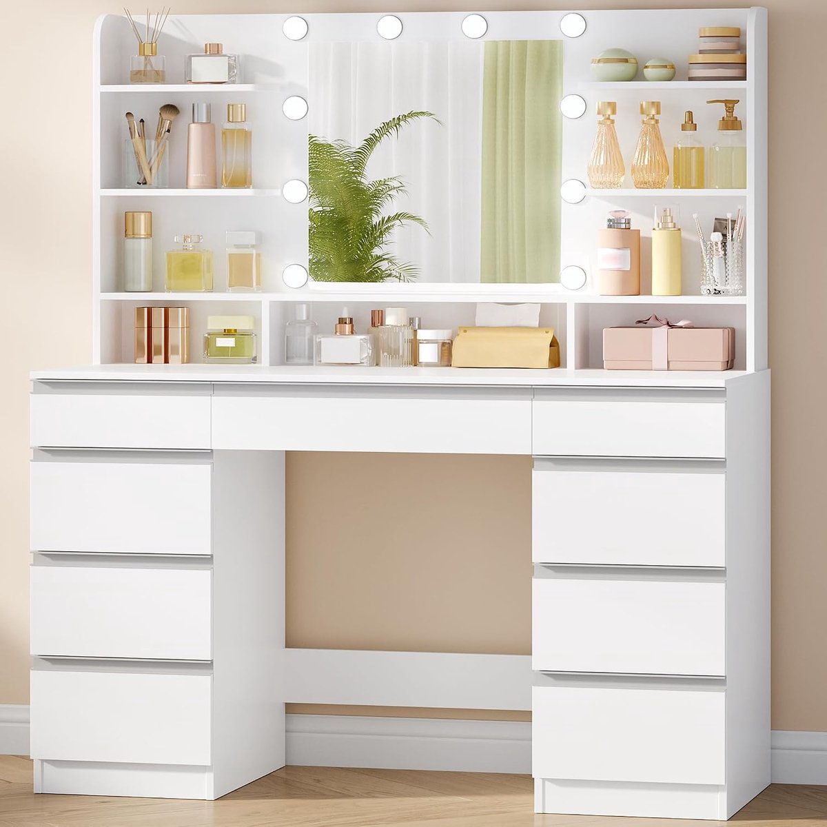 Hzuaneri Grote Kaptafel met Ledverlichting, 40 x 108 x 140 cm, Wit, 10 Ledlampen, 3 Lichtkleuren, Instelbare Helderheid, Kaptafel met Spiegel, 9 Lades, 9 Open Vakken, 40 x 108 x 140 cm