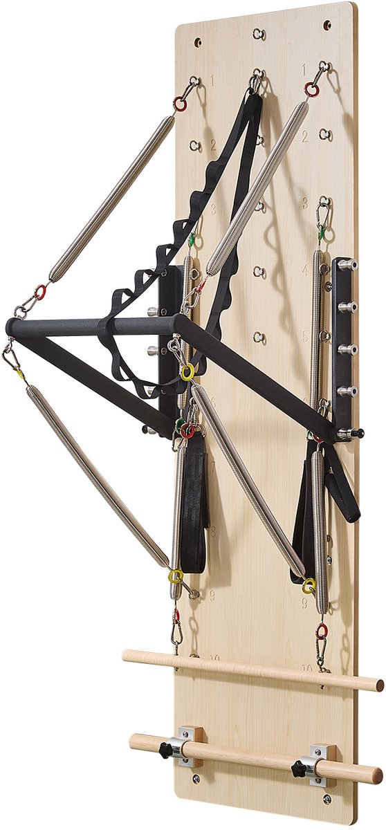 Pilates Reformer Wandmontageapparaat, Springplank van Esdoornhout, Trainingsapparaat met Weerstandsveren, Yoga Fitnesstrainer voor Flexibiliteit en Balans, Geschikt voor Thuisworkouts