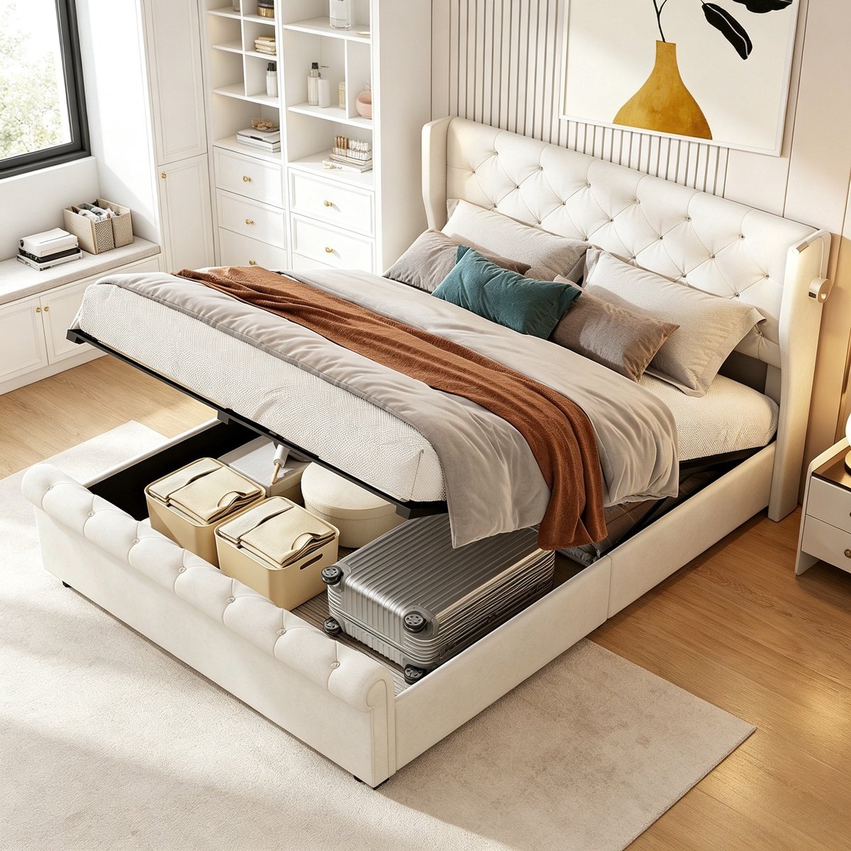 ROSAHQNDA Tweepersoonsbed 140x190 cm, volwassen bed met LED-hoofdbord en hydraulische opbergruimte, gestoffeerd bed, fluweel, beige, zonder matras