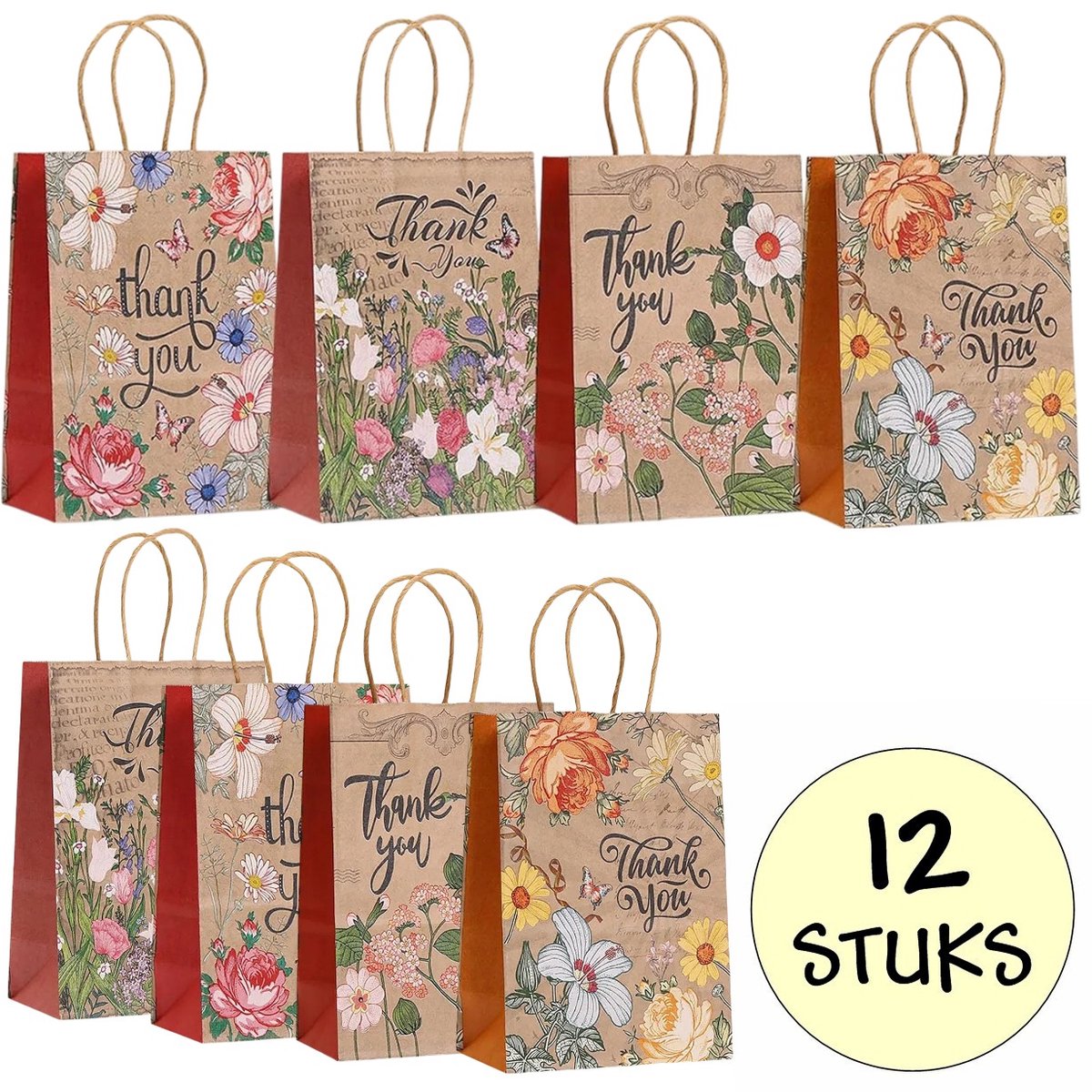 12x Papieren Uitdeeltasjes Thank You Flowers - 15x8x21cm - Stevig Papier - Traktatie Zakjes - Papieren Tasjes - Cadeau Zakjes - Uitdeelzakjes - 4 Verschillende Motieven - Kraftpapier - 12 Stuks
