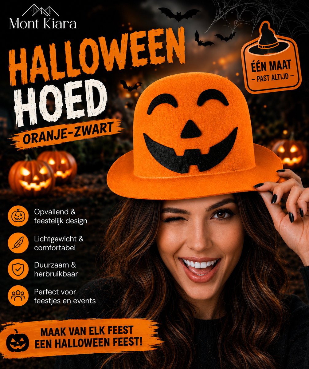 Mont Kiara Halloween Hoed Oranje-Zwart – Pompoen Hoed – One Size – Halloween Kostuum Accessoire