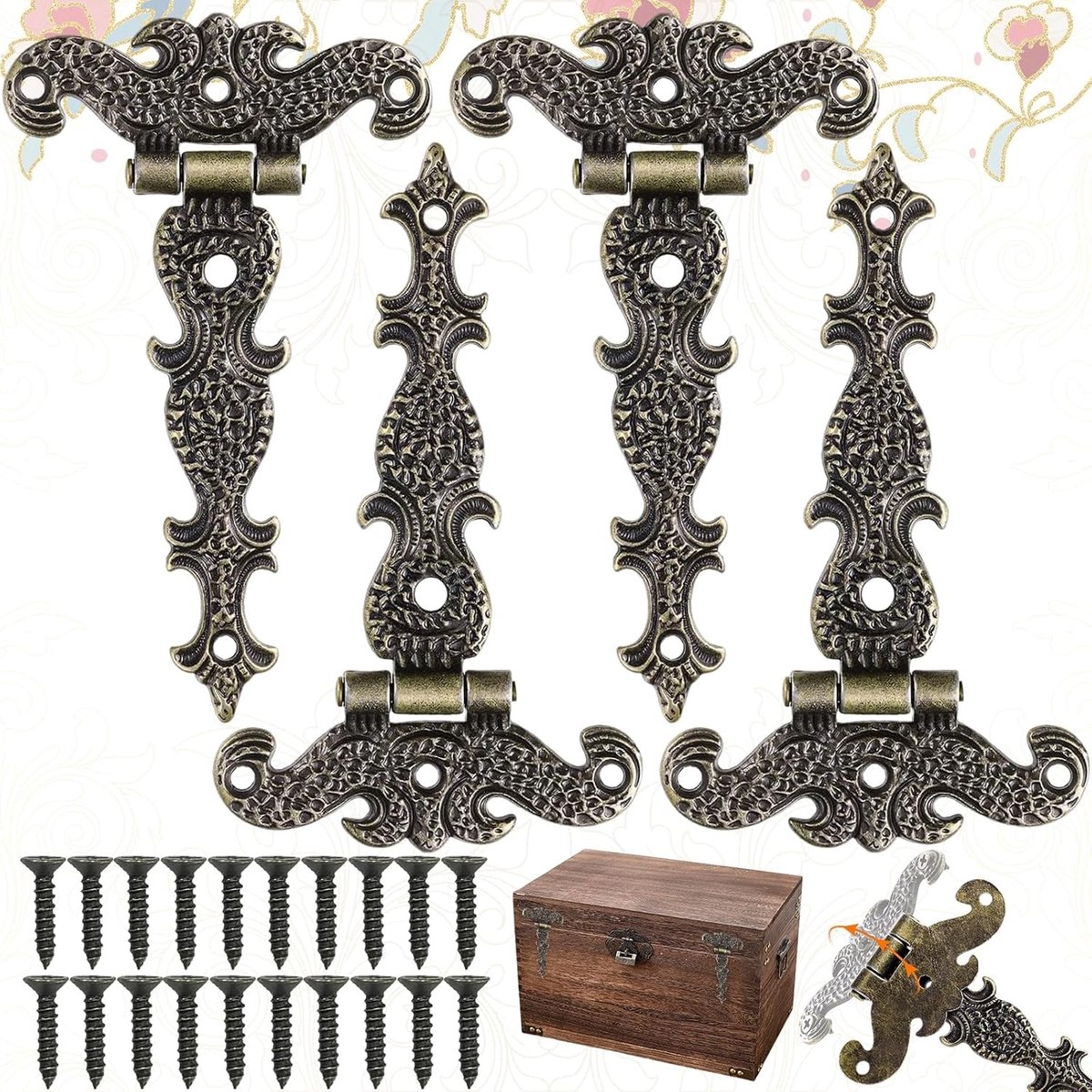 Decoratieve Retro Bronzen Scharnieren - Antieke Zinklegering Scharnier met Bevestigingsschroeven voor Meubelrestauratie en Interieurdecoratie (11,3 x 6,9 cm)
