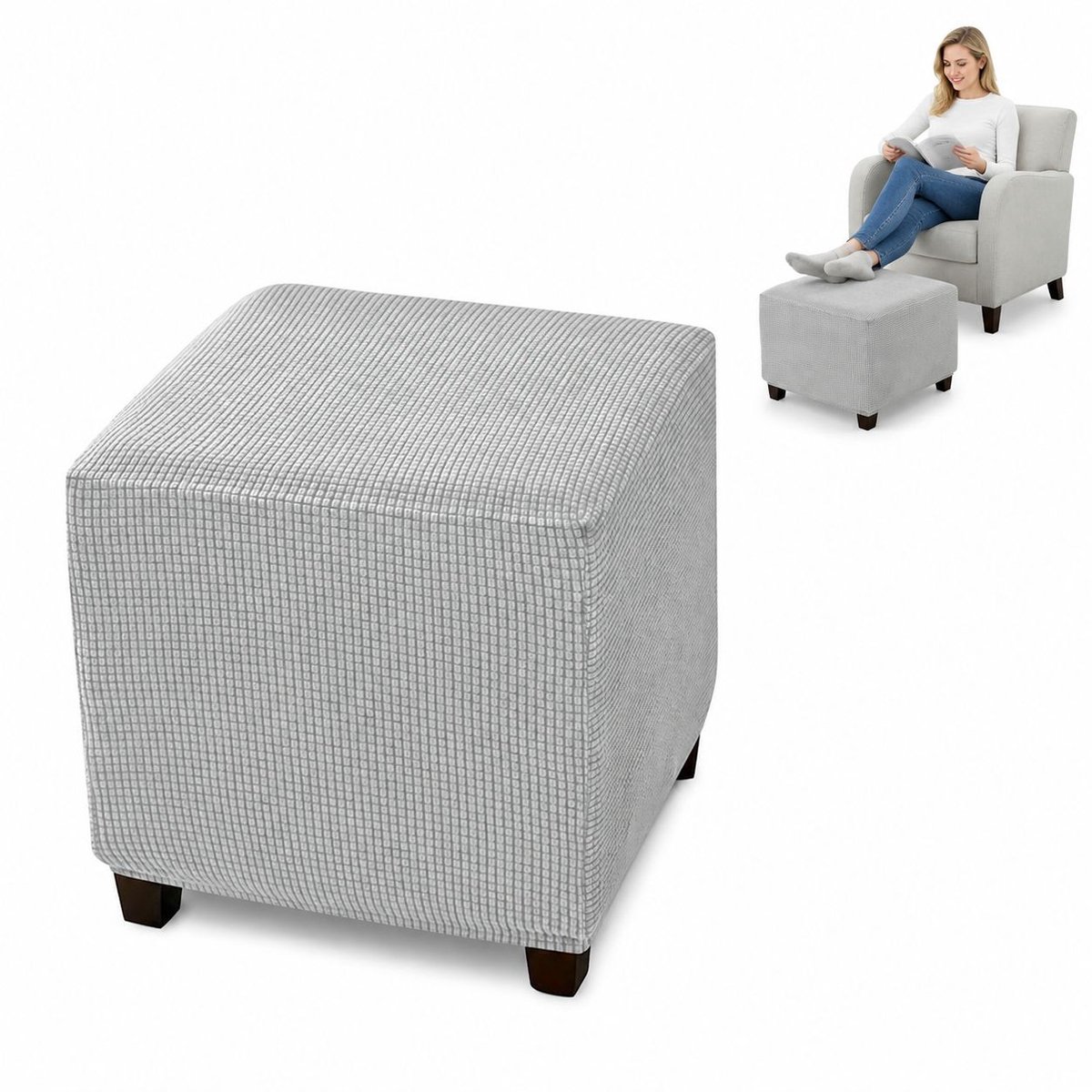 VHV - Voetenbankhoes - Stretch Hoes - Rekbare Jacquard - Geen vervorming - Comfort - Lengte 33-45,7 cm - Breedte 33-45,7 cm - Hoogte 38,1-45,7 cm - Voor Vierkante Voetenbank - Lichtgrijs