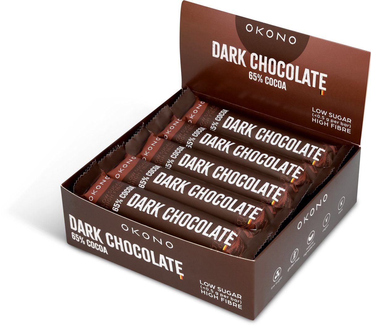 OKONO Dark Chocolate Display - 20 Repen Pure Chocolade Zonder Toegevoegde Suikers - Keto Chocoladereep met 23 g Vezels per 100 g - Glutenvrij en Vegan