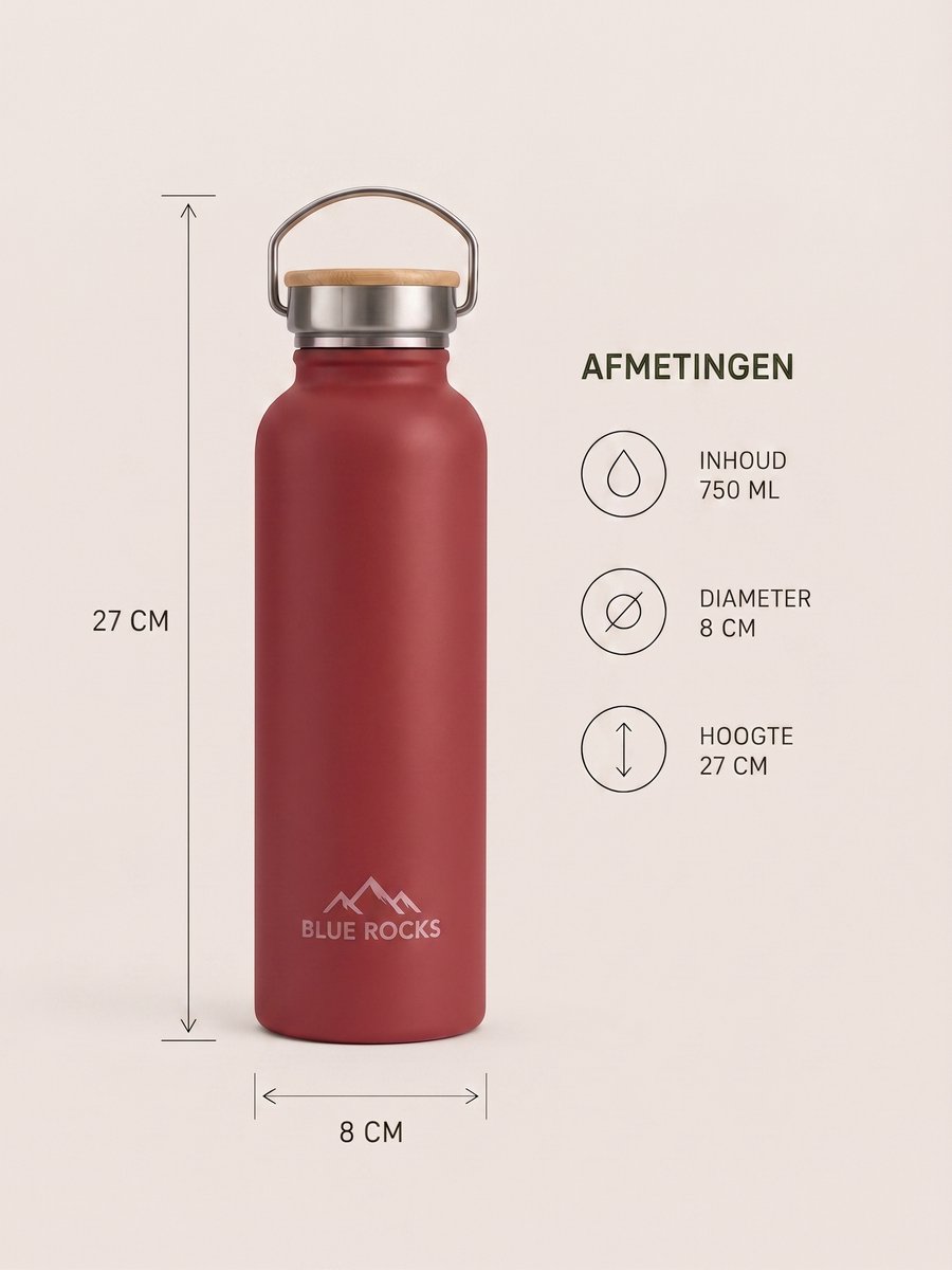 Blue Rocks® - Summit Red - Thermosfles 750ml - Waterfles - Dubbelwandige drinkfles - Plasticvrij - Loodvrij - Geïsoleerde fles - Warme en Koude dranken - School - Kind - Reizen, Wandelen, Werk, Sport, Yoga - Dagelijks gebruik - RVS - Rood - Red — cadeau in Sport & Outdoor - foto 2