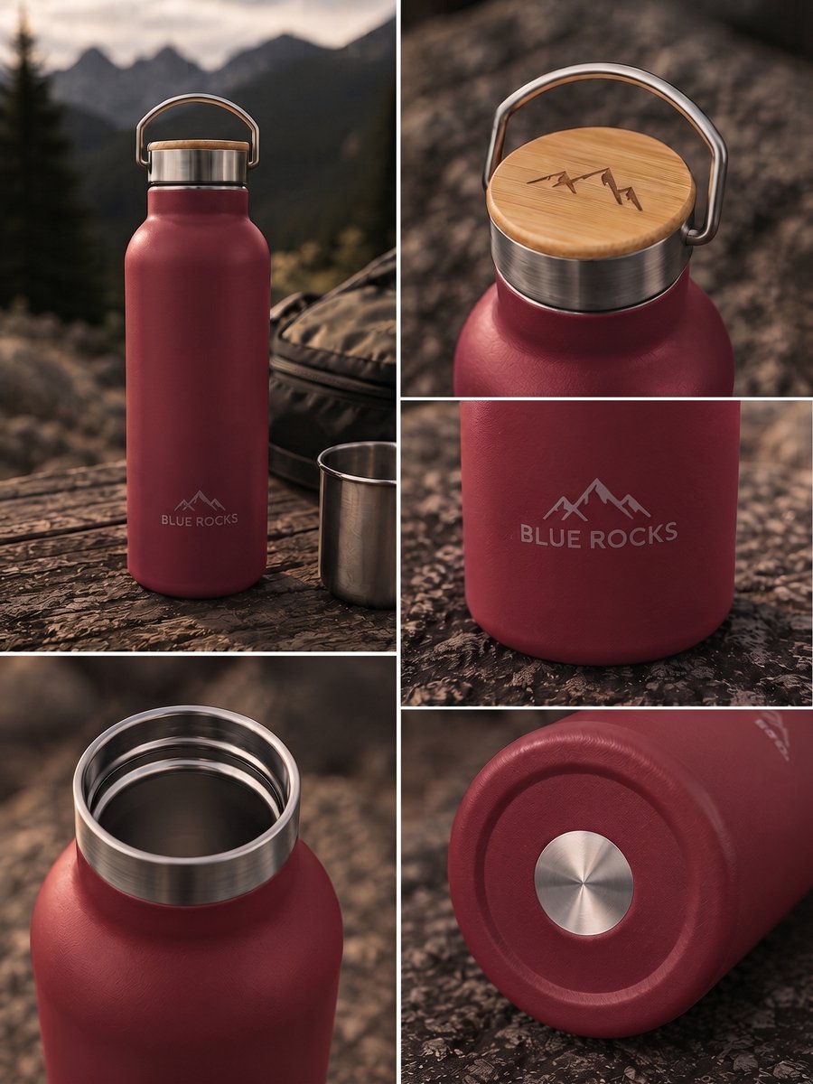 Blue Rocks® - Summit Red - Thermosfles 750ml - Waterfles - Dubbelwandige drinkfles - Plasticvrij - Loodvrij - Geïsoleerde fles - Warme en Koude dranken - School - Kind - Reizen, Wandelen, Werk, Sport, Yoga - Dagelijks gebruik - RVS - Rood - Red — cadeau in Sport & Outdoor - foto 5