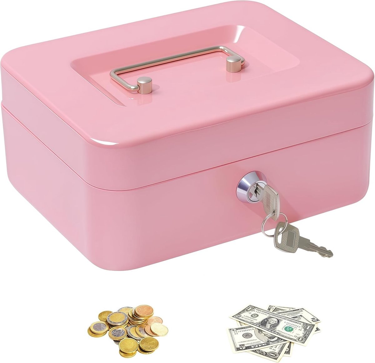 Geldcassette - Roze - 15 x 12 x 8 cm - Hoogwaardig Metaal met Uitneembare Lade - Voor Thuis of Kantoor
