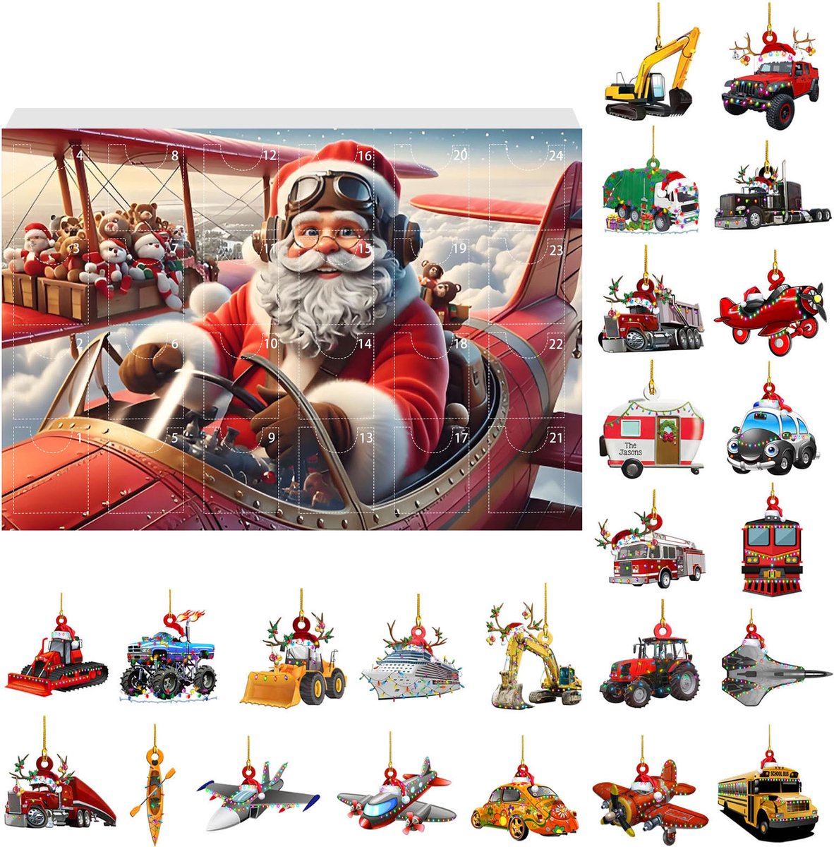 Voertuigen adventskalender 2026- 24 stuks 2D acryl hangdecoraties met auto‑ en machineontwerpen- leuk kerstcadeau voor voertuigliefhebbers