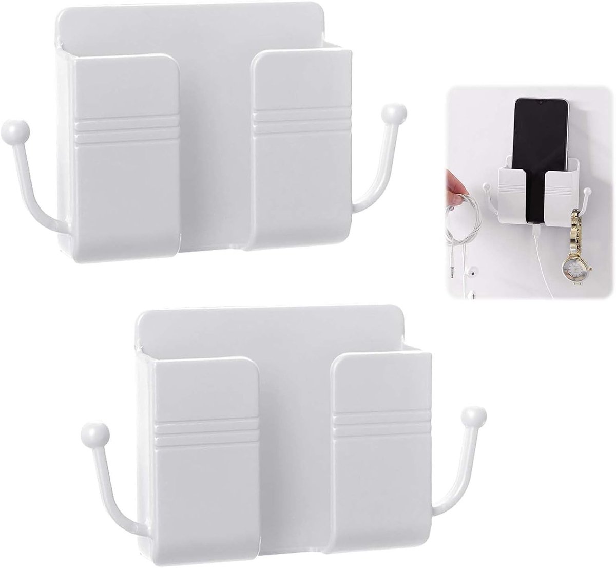 Wandgemonteerde afstandsbedieninghouder 2-pack, zelfklevende telefoonhouder, opbergdoos voor kabels en accessoires, ideaal voor thuis en op kantoor, wit