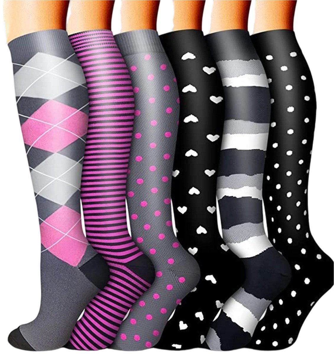 6 paar compressiesokken voor dames en heren - 15-30 mmHg - lange compressiekousen - ademend - antislip - voor hardlopen - sport - reizen - vliegreizen en zwangerschap