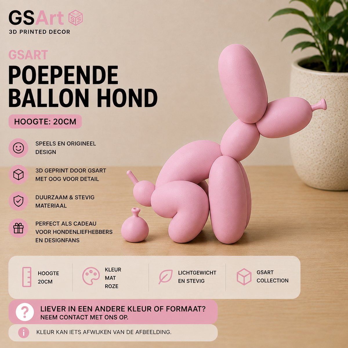 GSArt Decoratief Beeld Poepende Ballon Hond – Grappige Woondecoratie - 20cm Mat Roze