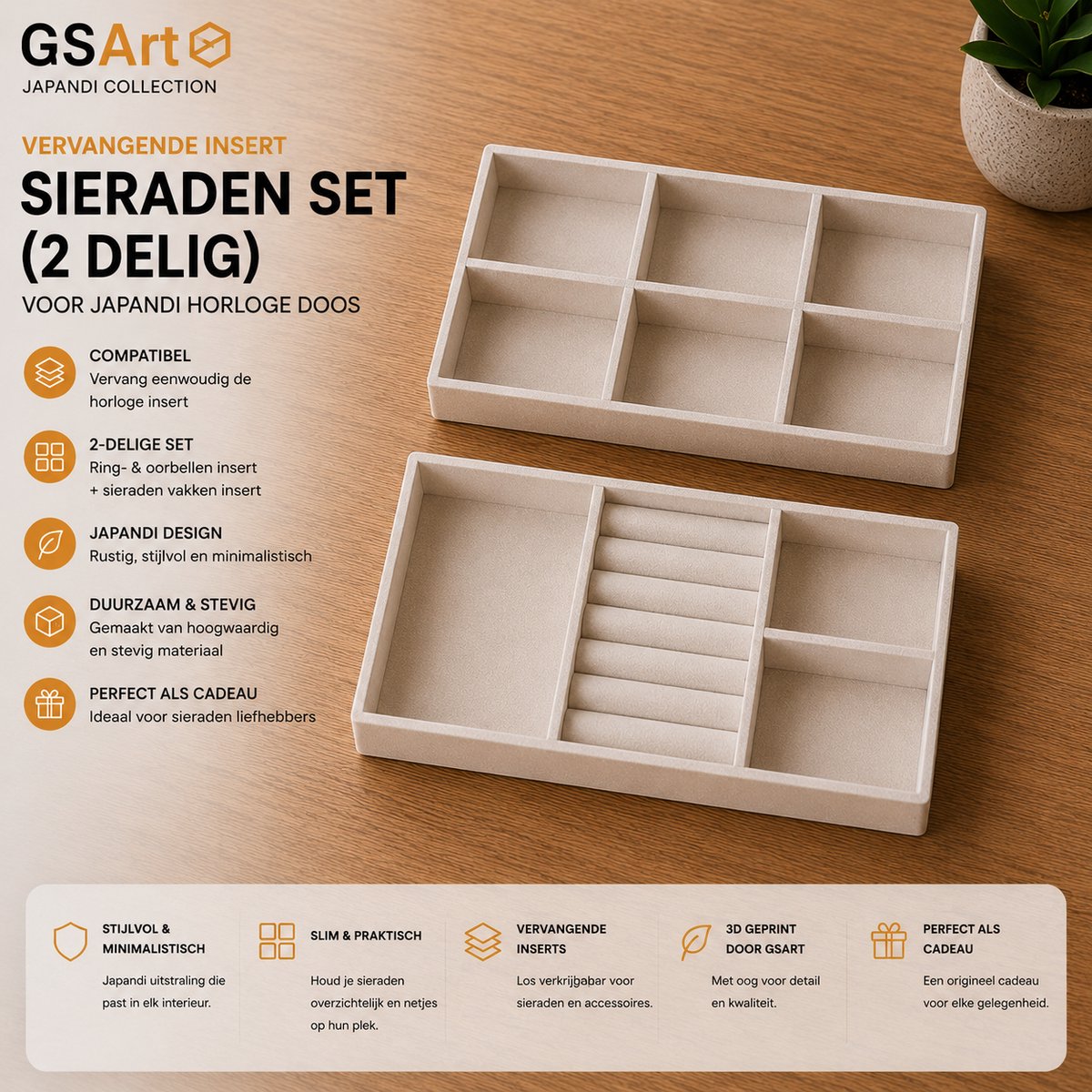 GSArt Vervangende Insert Japandi Horloge Doos – Sieraden Set 2-delig