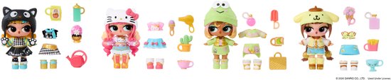 Vier L.O.L. Surprise! poppen: een kat, Hello Kitty, een kikker en Pompompurin, met accessoires.