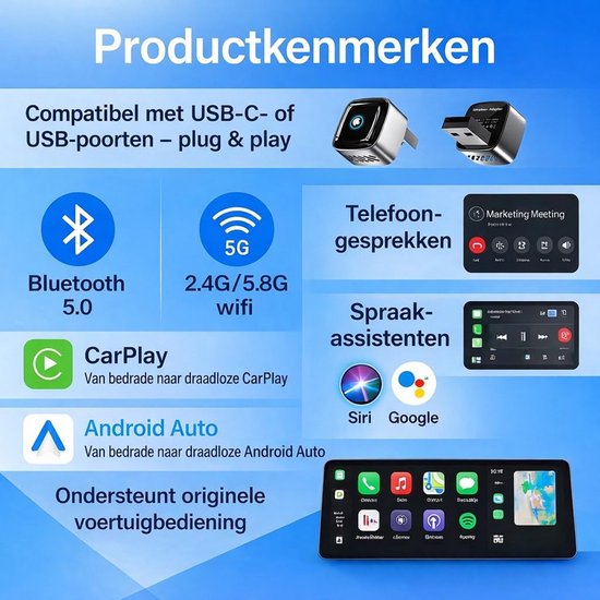 Draadloze CarPlay Adapter - Android Auto Dongle - Auto Navigatie - 2 Telefoons Koppelen - 2-in-1 - Zwart — afbeelding 5
