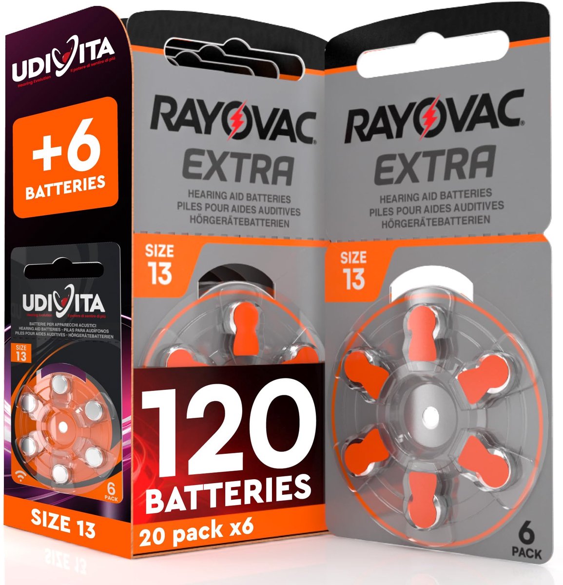 120 Batterijen voor Hoortoestellen Rayovac Extra Size 13 + 6 Udivita - ShopVlot
