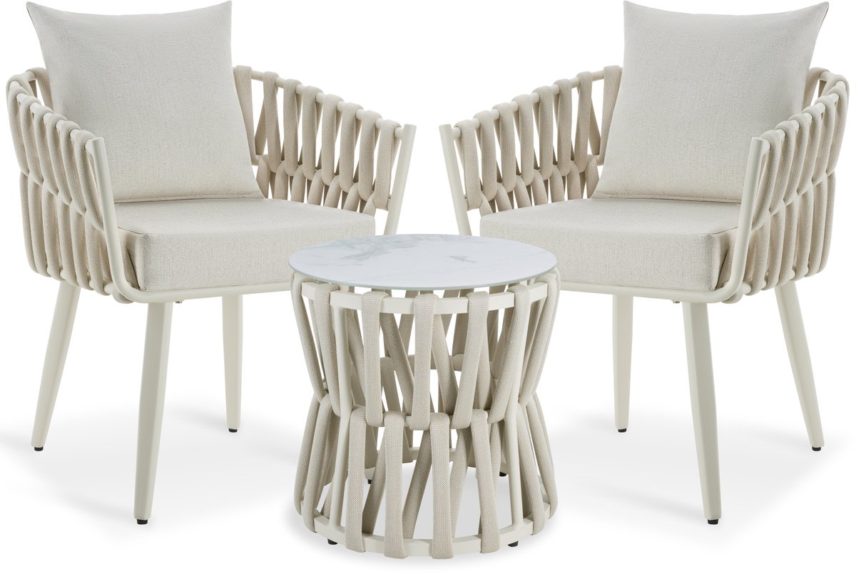 tectake® Tuinset Lugano - Tuinstoelen - 2 Loungestoelen met Bijzettafel - Buitenstoelen in Rope-Design met Aluminium Frame - Buiten Fauteuils met Dikke Kussens - Loungeset voor Tuin of Balkon - Terrasstoelen - UV- en Weerbestendig - Beige