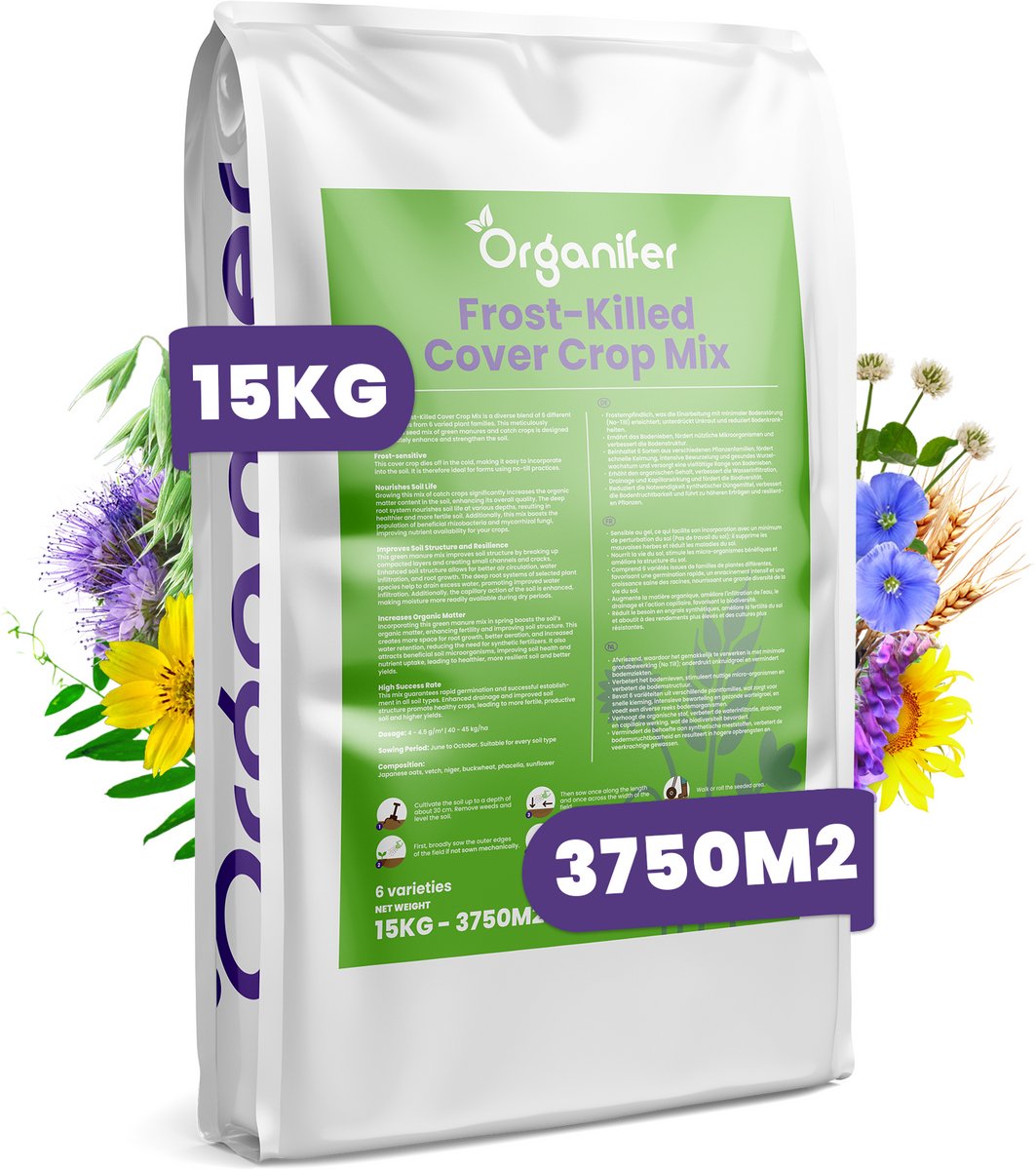 Groenbemester Zaden - Vorstgevoelig Bodembedekker Mengsel - 15 kg - 3750 m² - Winter Groenbemester - Verbetert Bodemvruchtbaarheid, Herstelt En Beschermt De Bodem Natuurlijk - Organifer