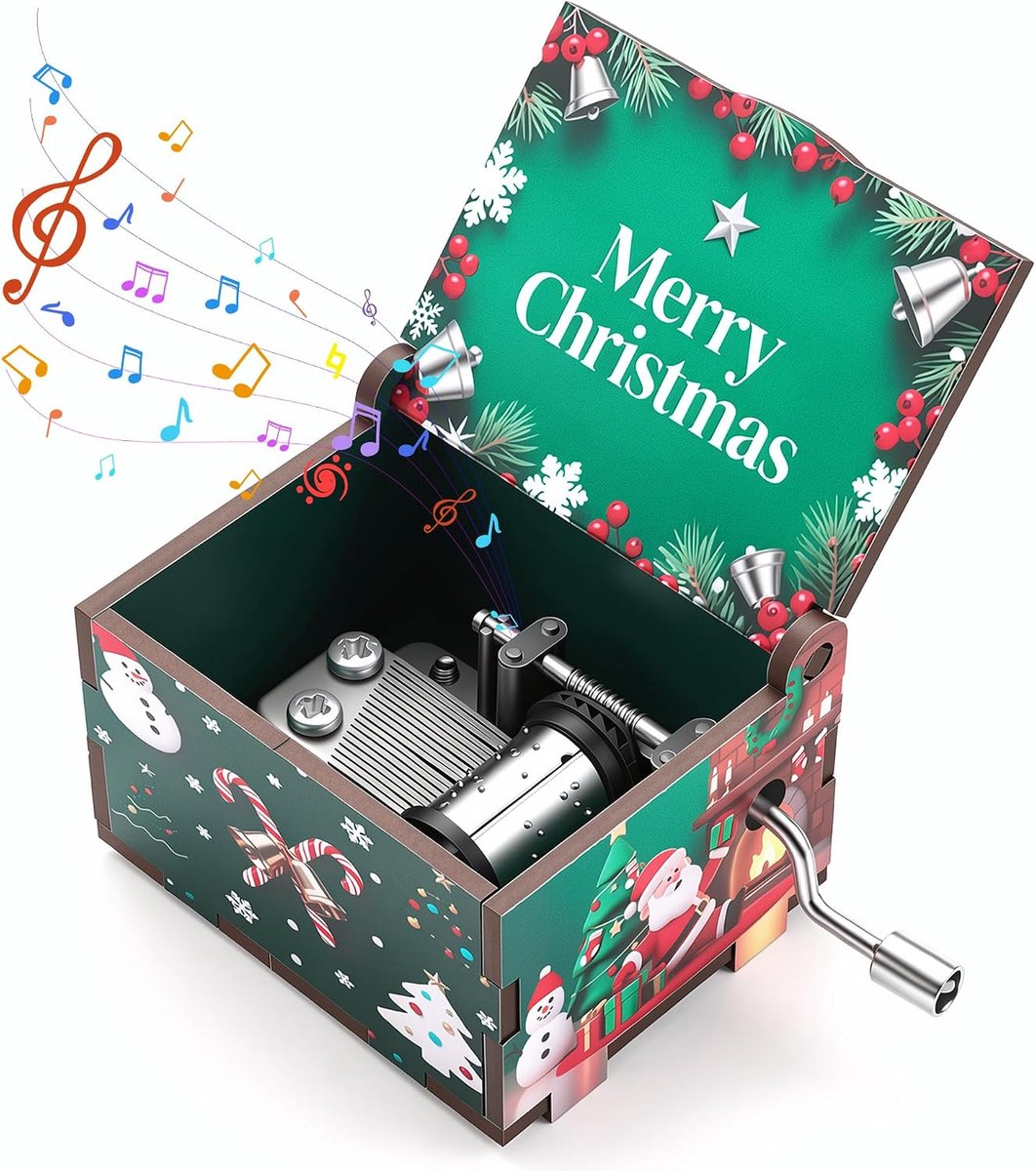 Handgedraaide Kerst Muziekdoos - Houten Kerstthema Speeldoos - Kerst Cadeau voor Kinderen en Volwassenen - groen