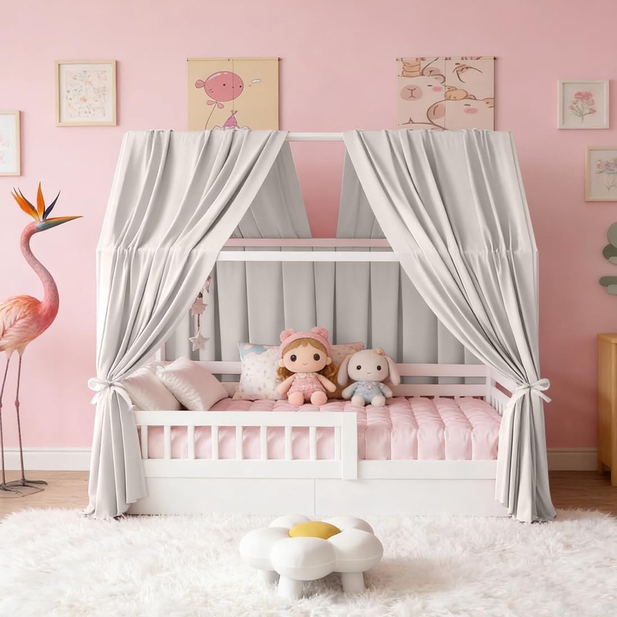 Droomhuis Bed met Muslin Bedgordijnen en 2 Stukken - Decoratieve Canopy voor Kinderkamer in Grijs