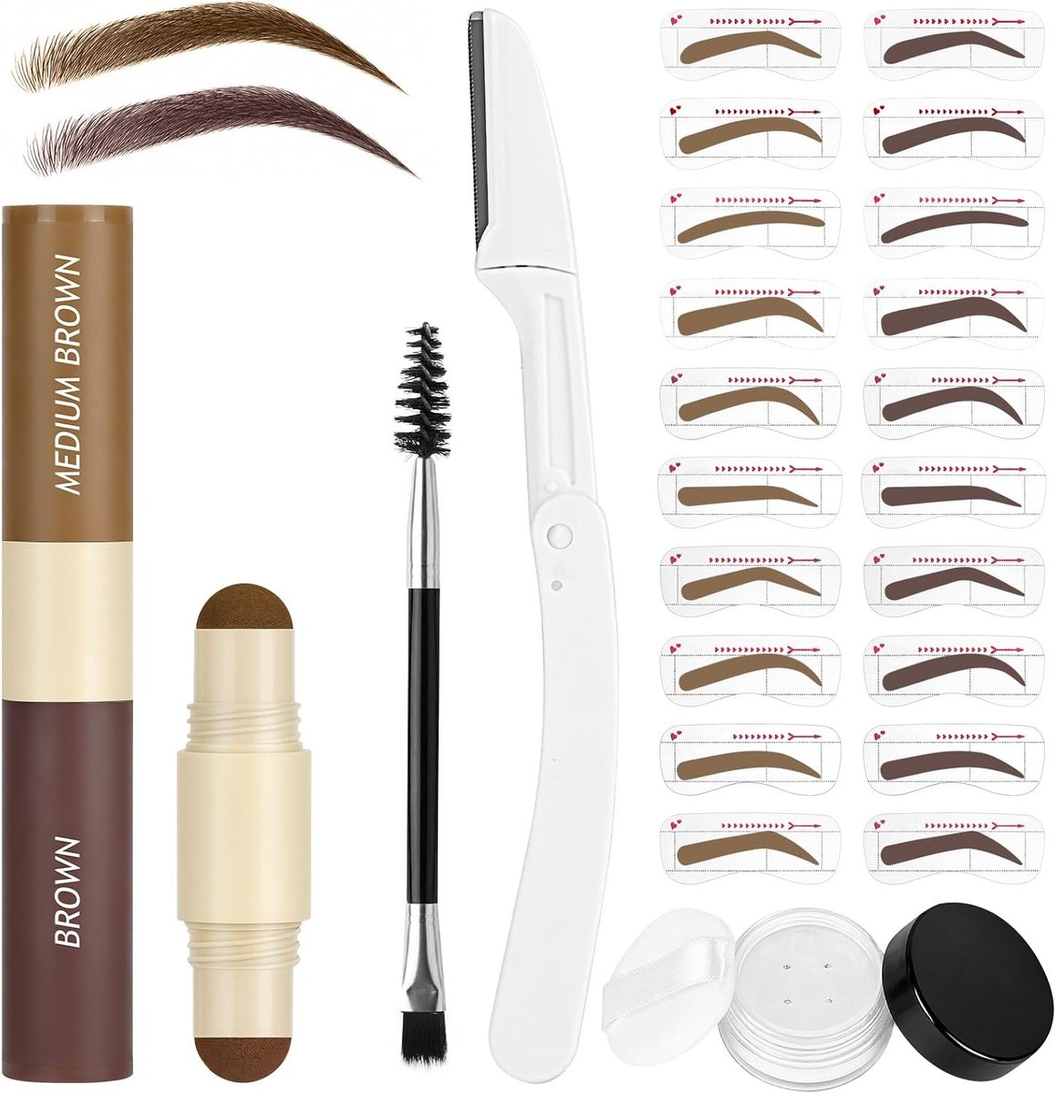 Perfecte Wenkbrauwstempels in Twee Kleuren, Wenkbrauwsjablonen voor Natuurlijke Vorm en Kleur, Donkerbruin en Bruin