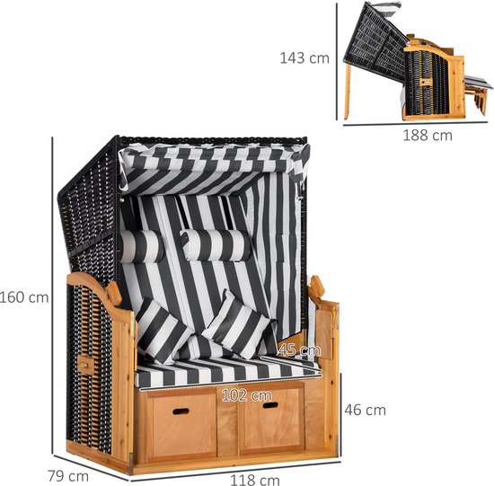 Outsunny Strandstoel met kap en voetensteun - Dubbele ligstoel van PE-rotan met zonnekap - Grijs/Wit — afbeelding 4