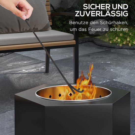 Outsunny Vuurschaal, rookvrij tafelvuur, haard met pookhaak, vuurkorf voor tuin, camping, terras, metaal, zwart van Outsunny — afbeelding 4