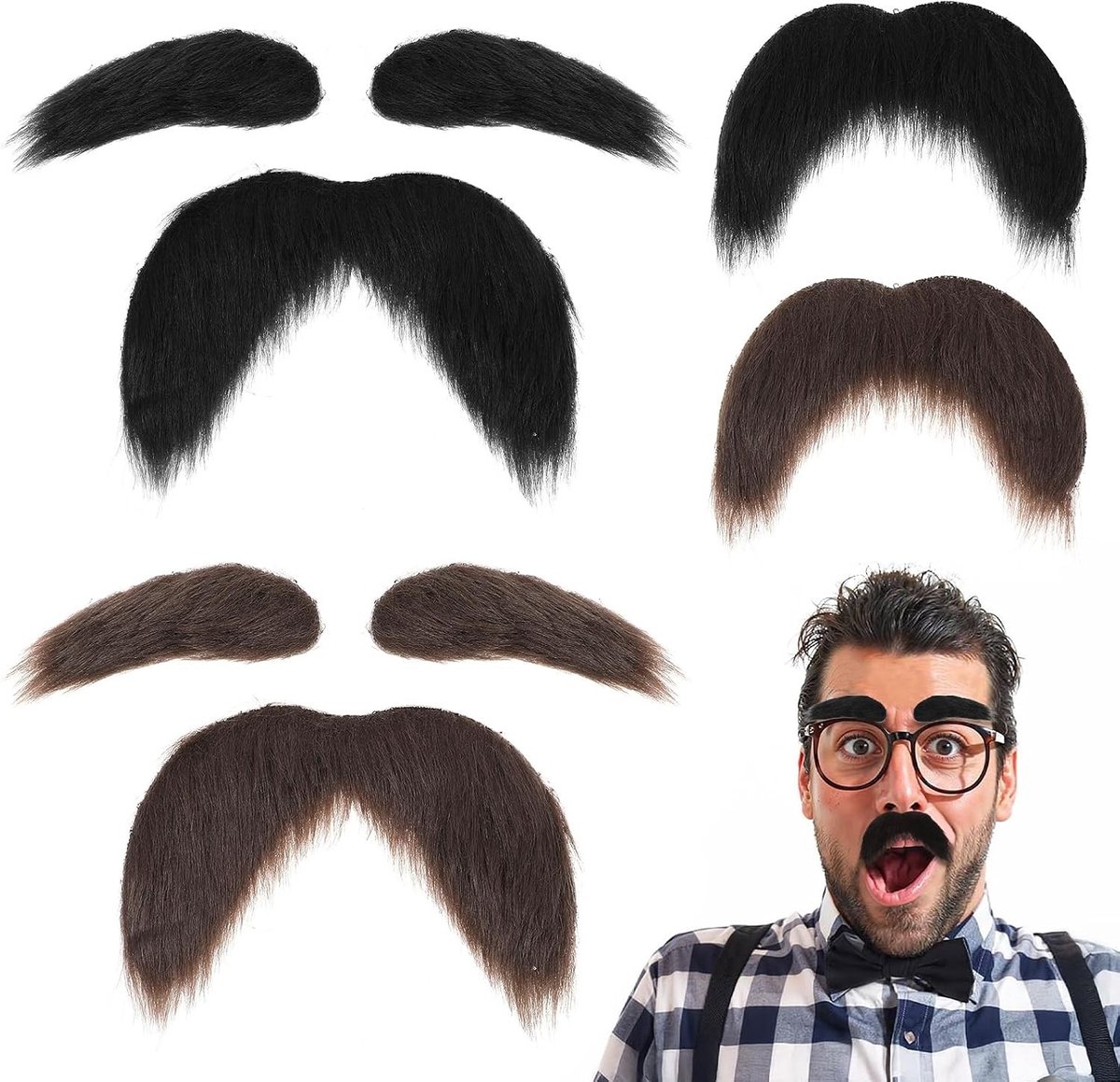 Fake Mustache en Wenkbrauwen Set voor Mannen - Zelfklevende Neppartijbaard voor Halloween en Cosplay Feestjes, Realistische Snorren en Accessoires