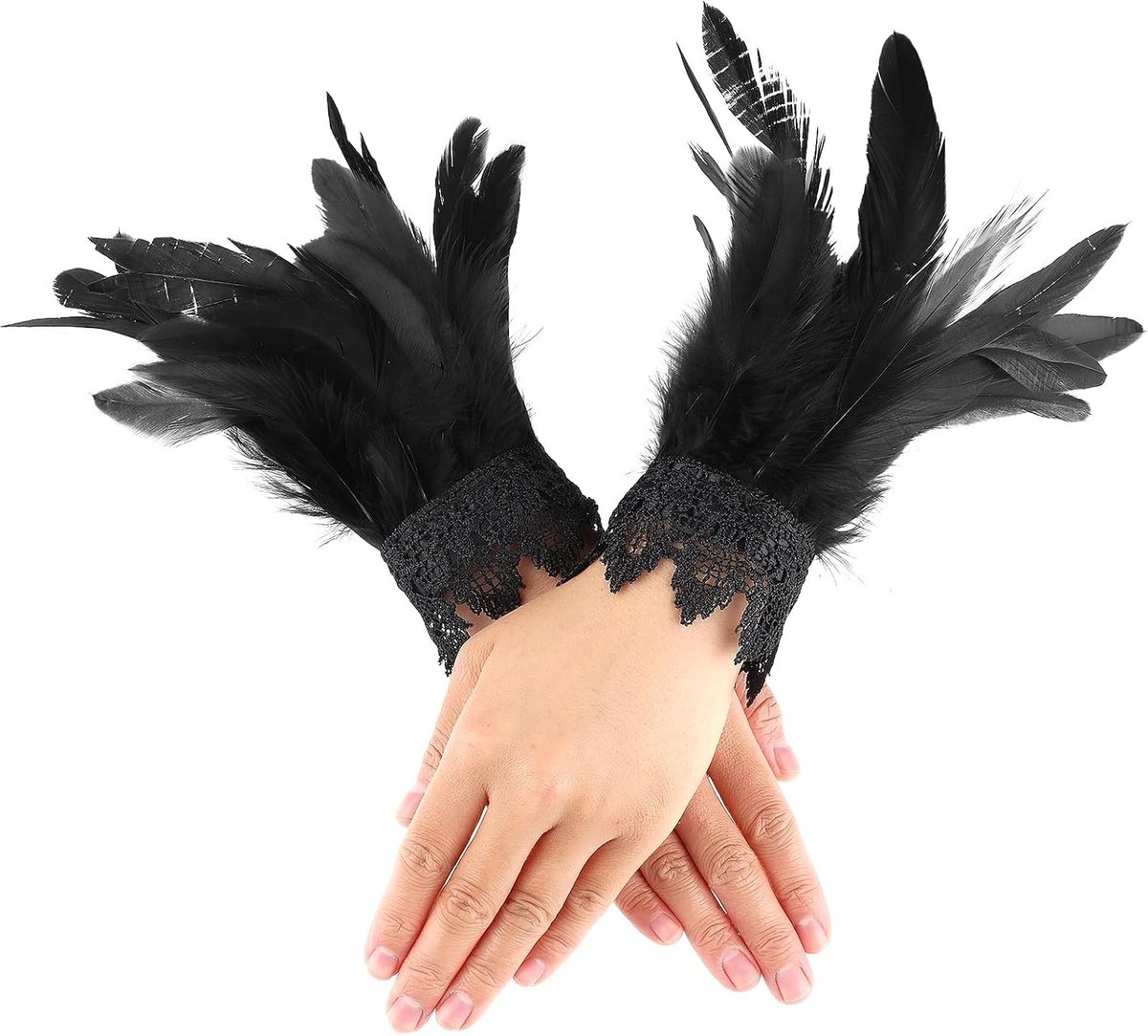 Vrouwelijke Zwarte Vintage Veer Polsbanden met Kanten en Mesh voor Halloween, Carnaval en Feestjes