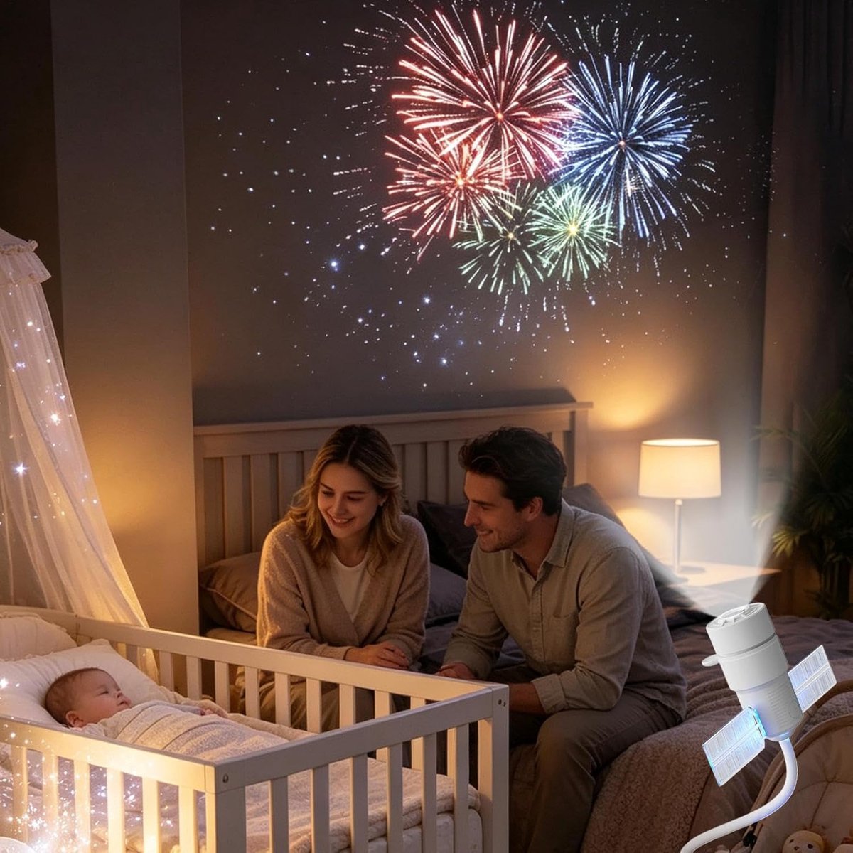 USB-nachtlampje met projectorfunctie, 360 graden draaibaar, inclusief 12 projectievellen.