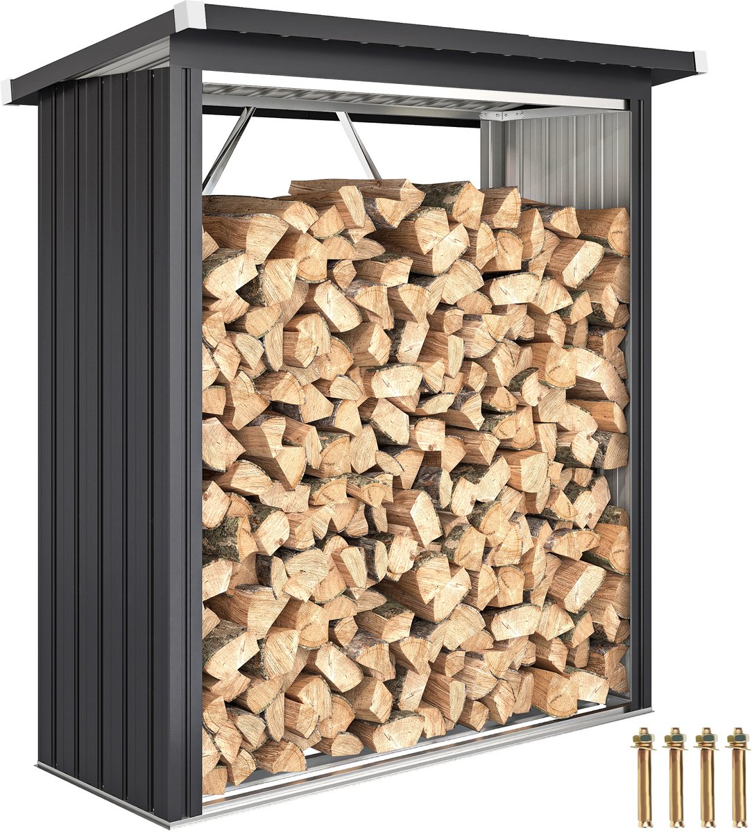 Overdekte houtopslag met houtsteun - verhoogde vloer - schuin dak - gegalvaniseerd staal - 150x66 - 5x150 cm - grijs