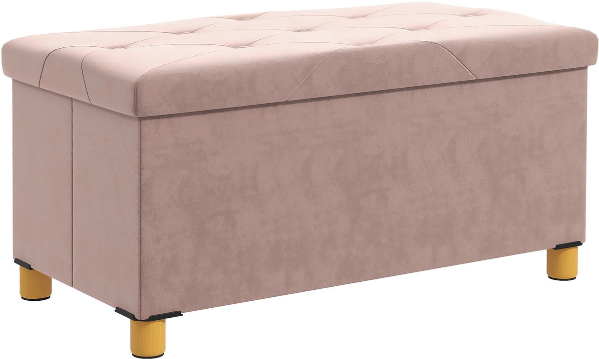 Opklapbare opbergbank aan het voeteneinde van het bed - 67 liter inhoud - 120 kg draagvermogen - met deksel - 76 cm lang x 38 cm breed x 38 cm hoog - roze