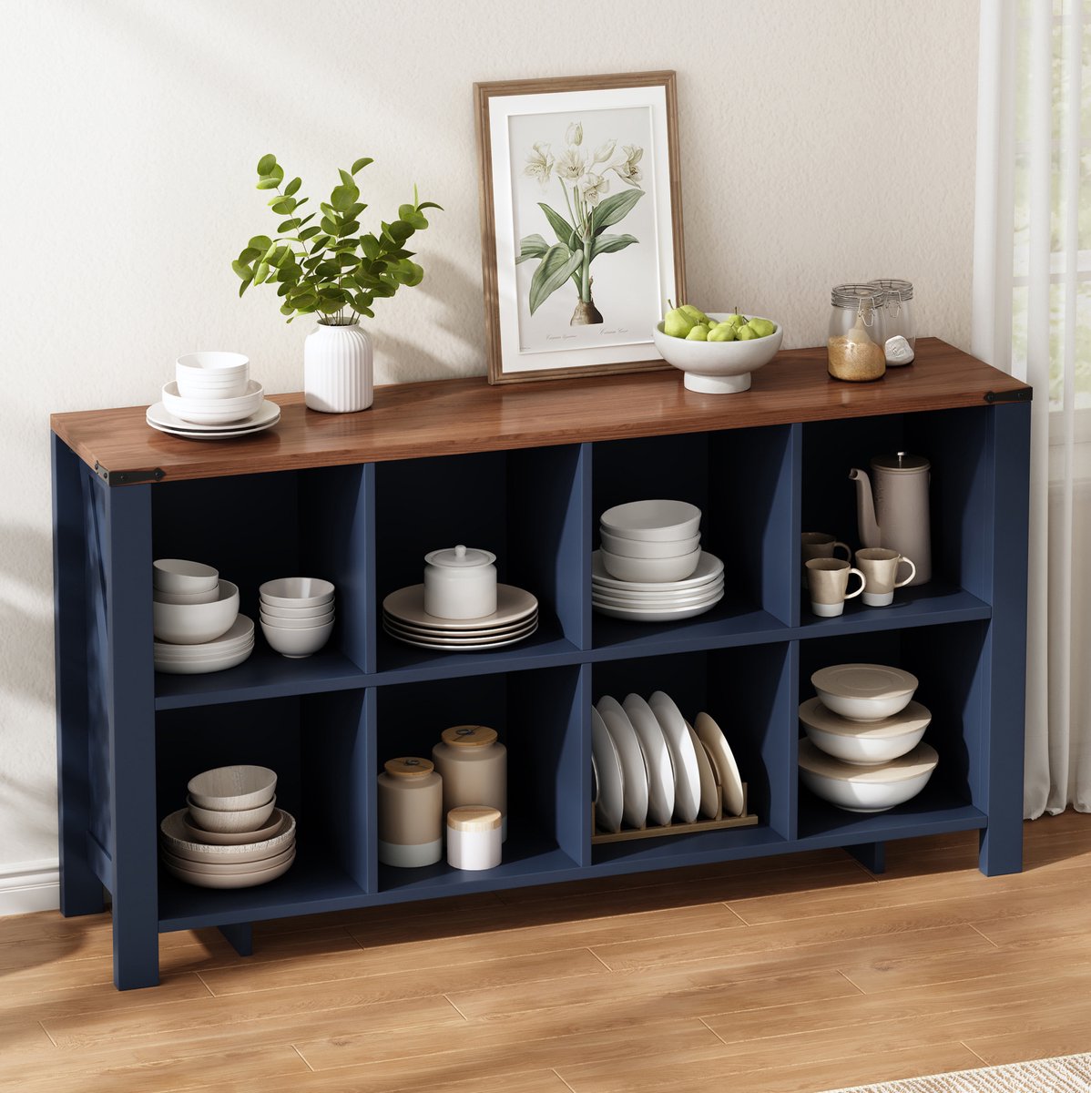 REDOM - Open kast - 8 open vakken - Horizontale organizer - MDF - Blauw - 140 x 34 x 75 cm - Voor keuken, woonkamer en eetkamer