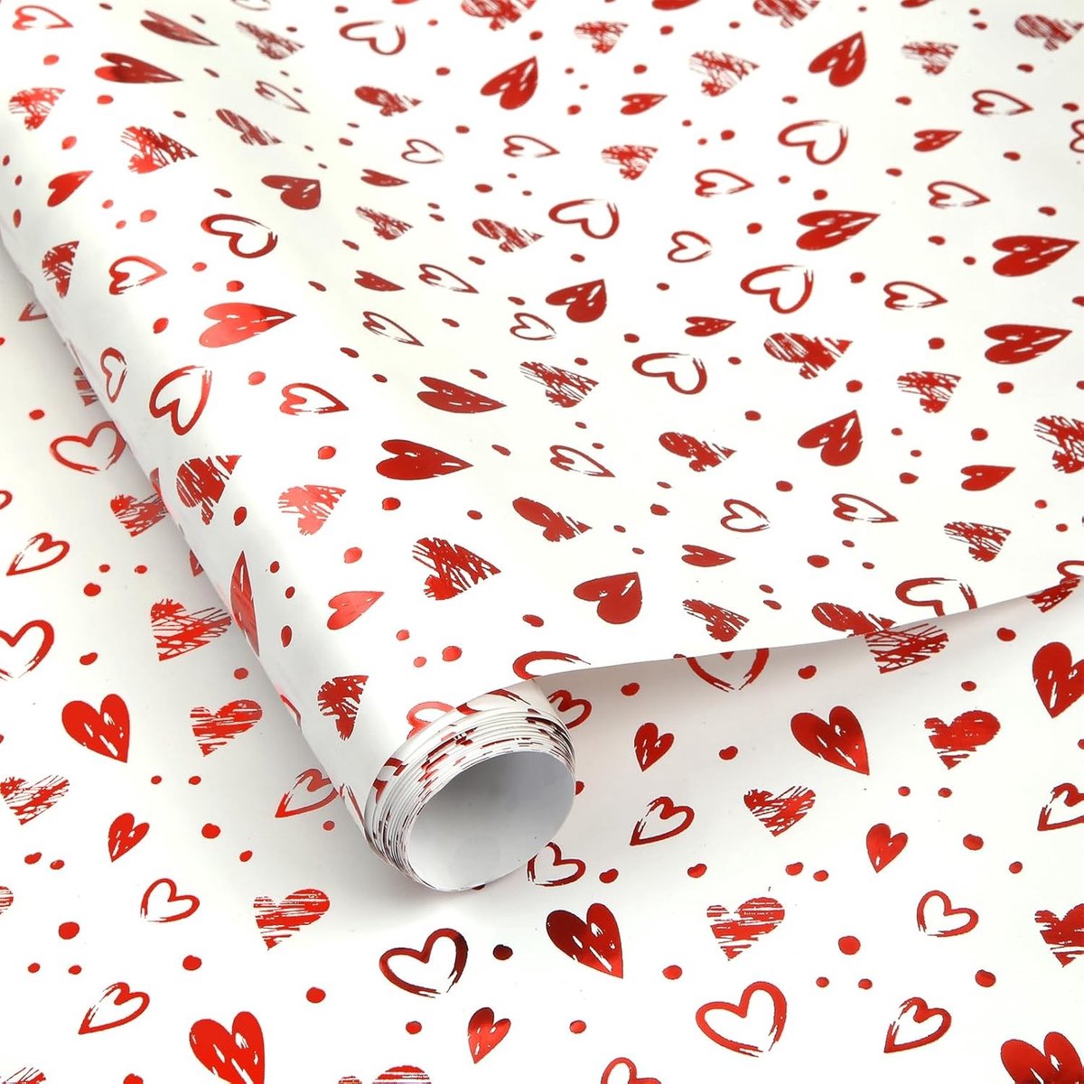 Inpakpapierrol met rood harten patroon, 43 x 300 cm folie voor Valentijnsdag, verjaardagen en feestelijke cadeaus