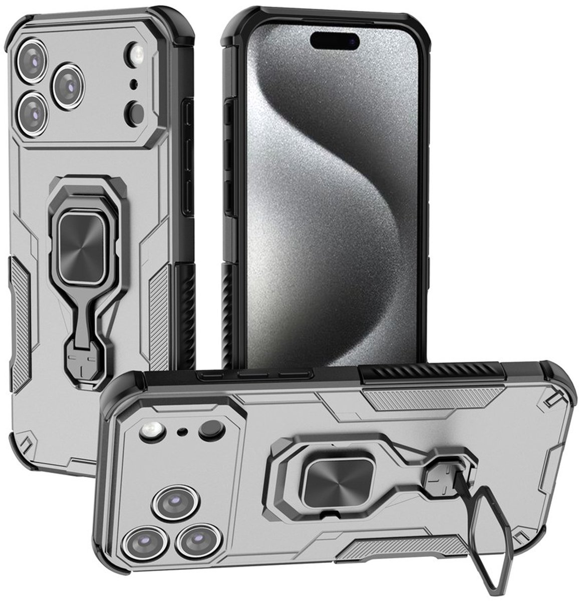 MobyDefend Hoesje - Geschikt voor iPhone 18 Pro Max - Dubbelgelaagde Pantsercase Met Standaard - Zilvergrijs