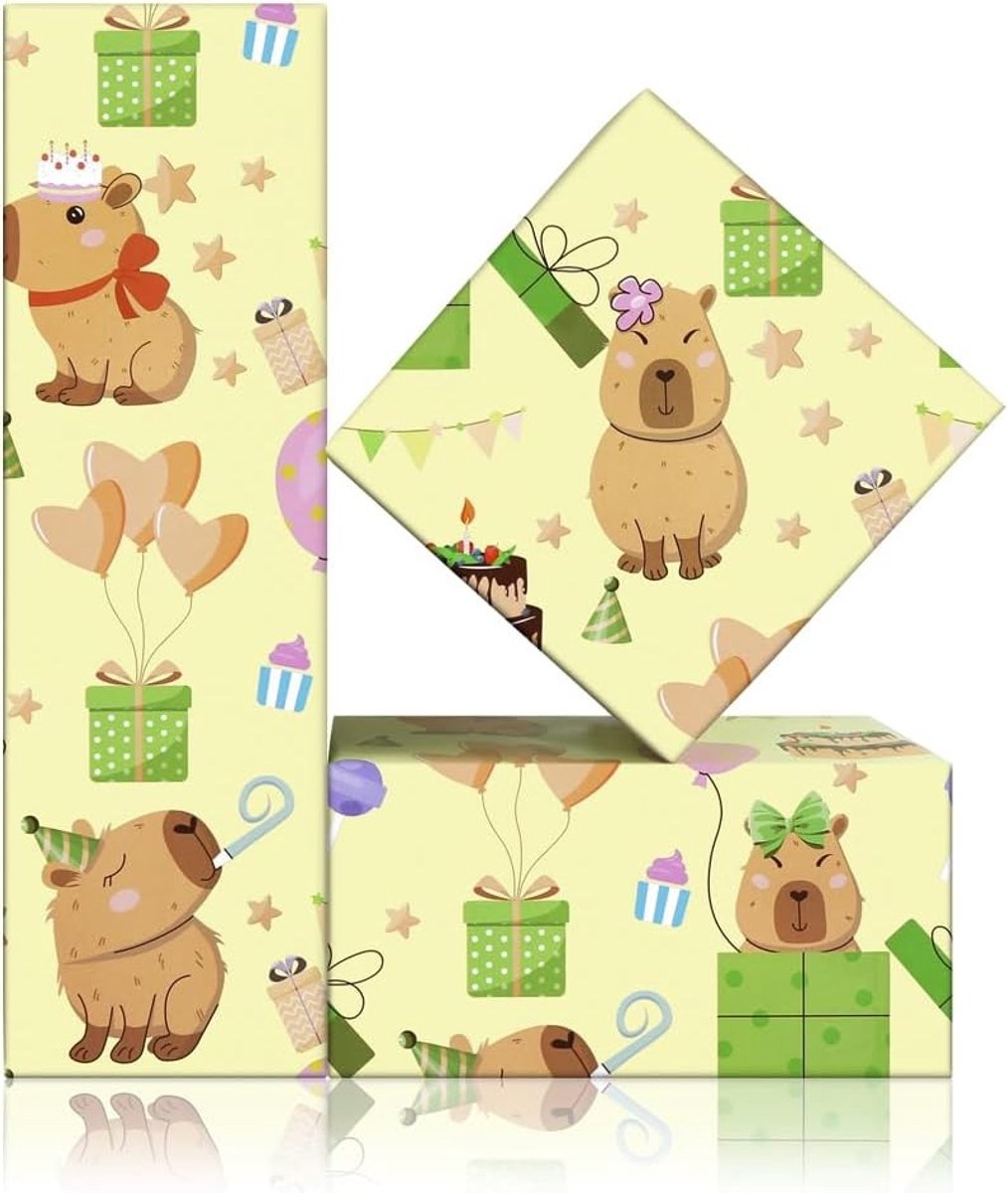 Leuk Inpakpapier met Schattige Capybara's, Verjaardagsfeest, Ballonnen en Hoed - 4 Vellen Vouwbaar, 50 x 70 cm voor Cadeaus en Feestdagen