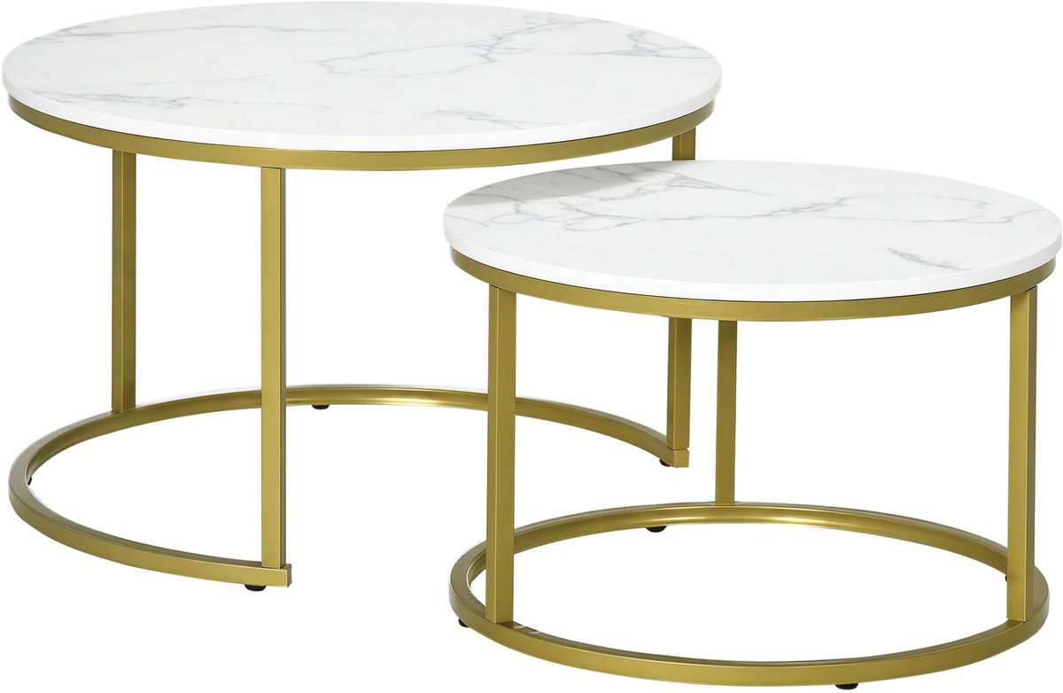 HOMCOM - 2-delige Salontafelset - Stalen - Frame in Goud - Wit