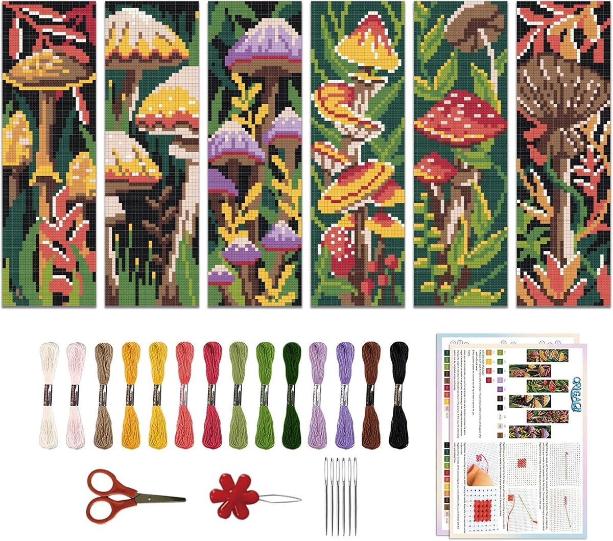 6-delige kruissteek boekenlegger set voor beginners met paddenstoelen en planten ontwerpen