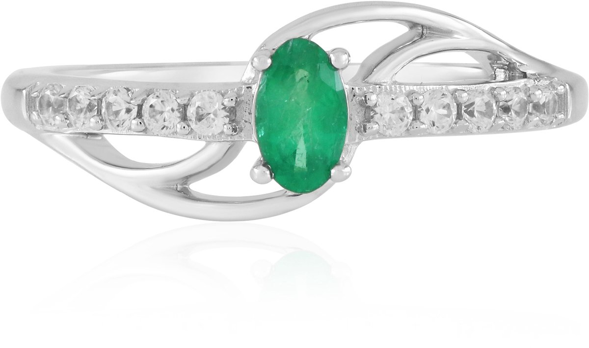 Cavill - Zilveren ring met Colombiaanse smaragd 0,206 ct ovaal - 925 sterling zilver met platina coating - 10 zirkonia's 0,202 ct - elegante ring