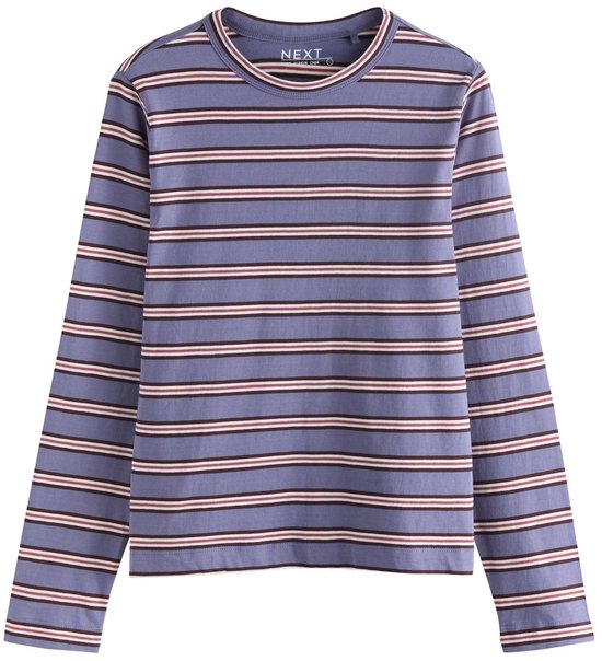 Paars gestreept T-shirt met lange mouwen en ronde hals, 'NEXT LONG SLEEVE CREW' label in de nek.