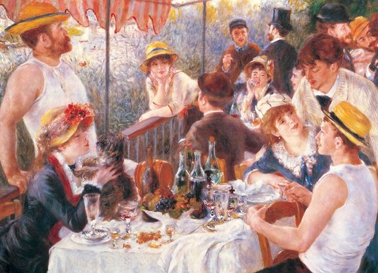 Détail du tableau "Le Déjeuner" de Renoir, montrant des gens à une table dressée, des bouteilles de vin et des fruits.