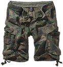 Korte broek met camouflageprint in groen en bruin, met meerdere cargozakken en aantrekkoordjes aan de pijpen.