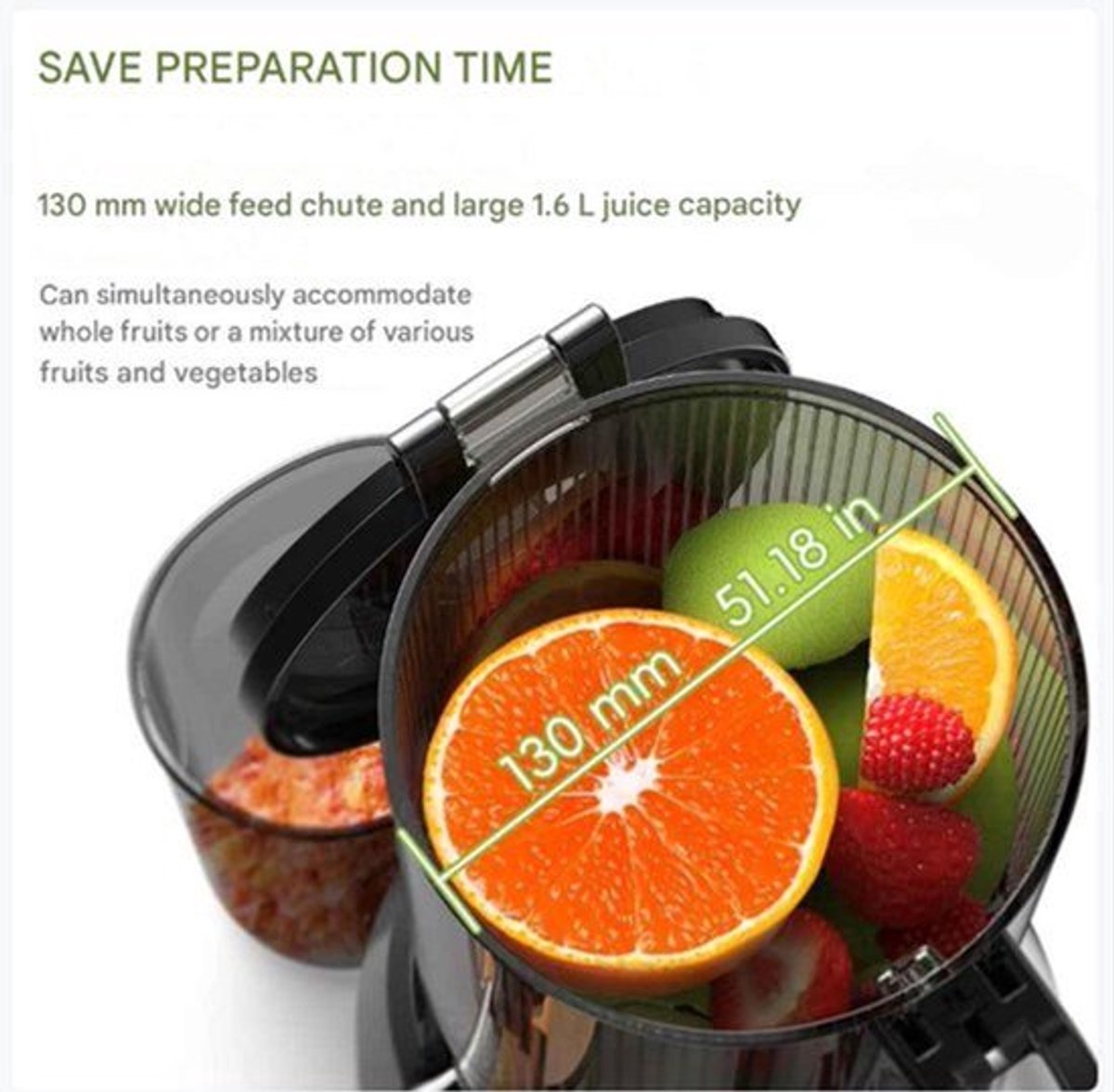 Slowjuicer - Juicer - Cold Press - met 130mm Vulopening - 1.8L - 65 RPM - BPA-vrij - Hoge Sapopbrengst - Geschikt voor Hele Groenten en Fruit - Makkelijk Schoon te Maken