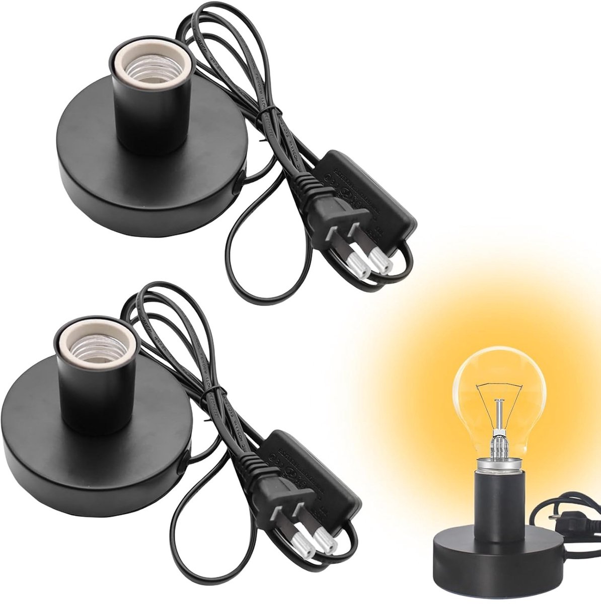 Vintage Tafellamp Basis met E27 Fitting, 2 Stuks, Bedlamp met Snoerschakelaar, Max 100 Watt, Zwart, Ideaal voor Sfeervolle Verlichting en Interieurdecoratie