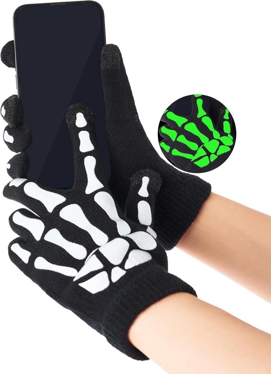 Glow in the Dark Skelet Handschoenen voor Halloween, Cosplay en Feestjes - Korte Zwarte Handschoenen voor Volwassenen en Kinderen