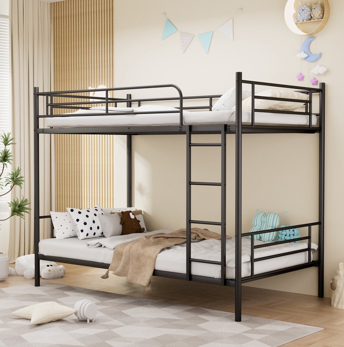 STILVORA Stapelbed 90x190cm – Metalen Hoogslaper Met Ladder En Uitvalbeveiliging – Ruimtebesparend Voor Kinderkamer – Zwart – Zonder Matras