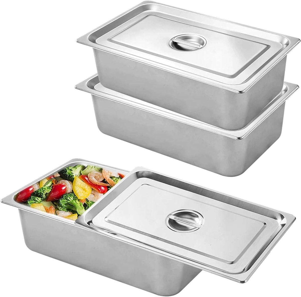 Braadset van RVS met 3 GN-containers en deksel, ideaal voor vis, vlees en groenten, 32.5 x 17.5 x 6.5 cm