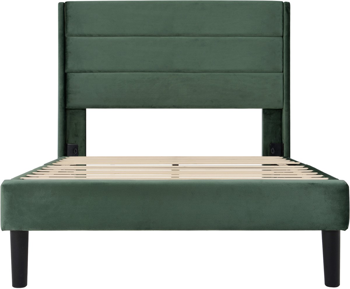 WUVRIE Gestoffeerd bed 90x200 cm met lattenbodem en hoofdbord, donkergroen